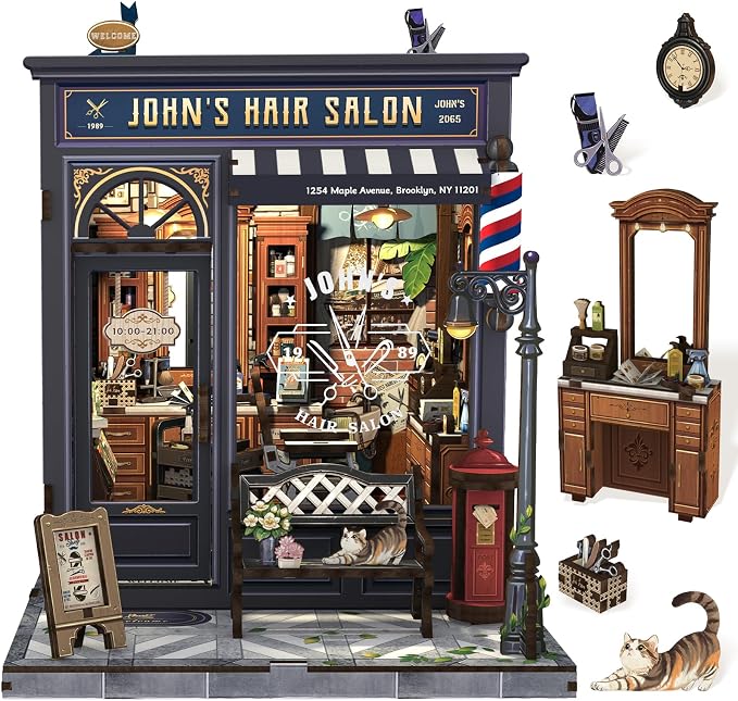 Cutefun Book Nook Kit - DIY Miniature Coffee Shop Dollhouse Kit for Adults and Teens, 3D Wooden Puzzle Bookshelf Insert Decor with LED Light, Gifts for Book Lovers and Beginners (John's Hair Salon)