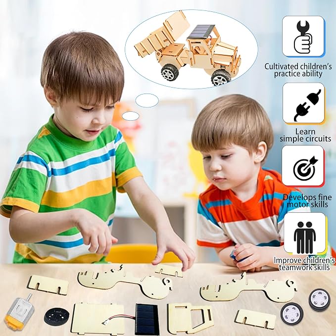 6-in-1 Solar STEM Building Kit, Wooden DIY Construction Set with Satellite, Helicopter, Cars, Educational Science Toy for Kids Ages 6-14 Years (1)