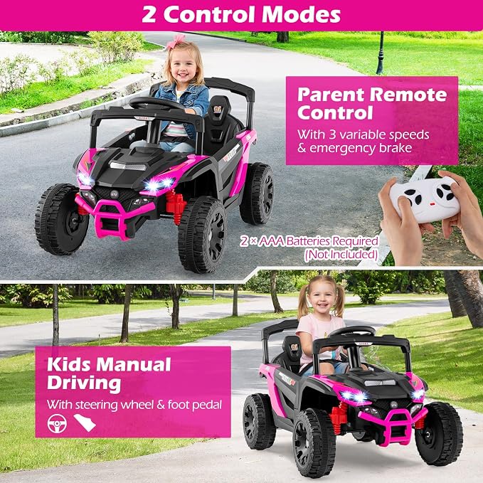 Costzon 12V Kids UTV Ride On Car, Battery Powered Electric Vehicle with Remote Control, 3 Speeds, LED Lights, Music, Horn & Spring Suspension, Off-Road UTV for Boys & Girls 3+ Years Old (Pink)