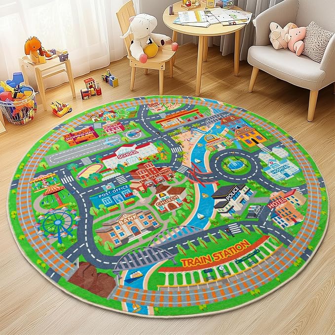 Car Rug Play Mat for Kids Toy Cars, Road Traffic Playmat for Kid Bedroom, Non-Slip Machine Washable Town City Race Track Carpet for Learn and Have Fun Round 47"
