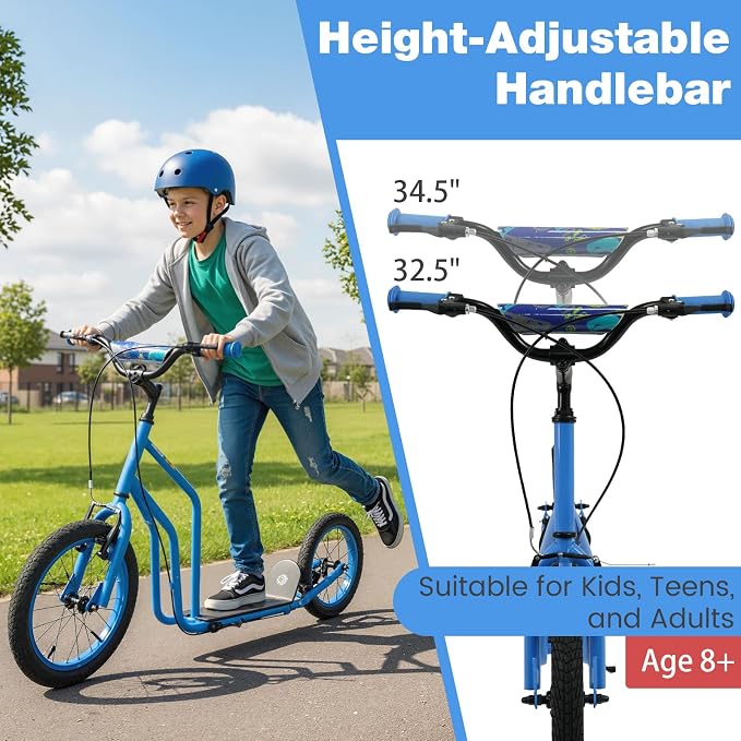Costzon Big Wheels Kick Scooter for Kids 8+, Youth Scooter with Foldable & Height Adjustable Handlebar, Inflatable Shock Absorption Wheels, Dual Brakes for Teens, Adults, Max Load 220 LBS