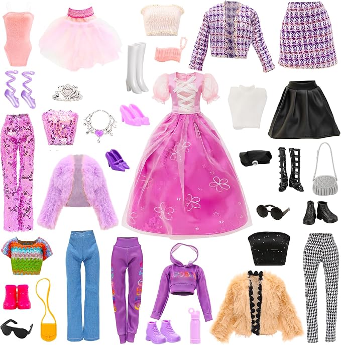 24 Pcs Doll Clothes & Accessories 8 Set Clothes Including Party Gown Chill Suits Casual Outfits Sport Wear Ballet Dresses for Doll with 8 Shoes 8 Accessories for 11.5 Inch Girl Dolls Storytelling Set