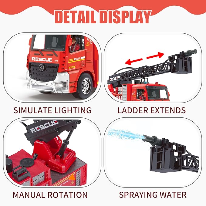 MQDMINI Remote Control Fire Truck Toy - Fireman Fire Truck with Jet Pump and Lights, Red Toy for 3 Year Old Boys, Girls and Toddlers