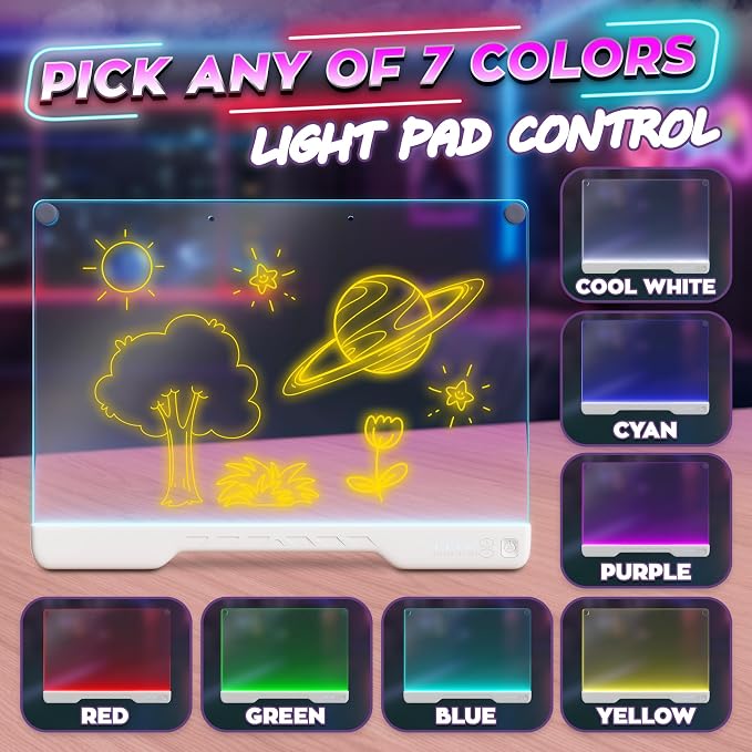 Upgraded 16” LED Drawing Board – Rechargeable, 7 Colors, 10 Light Modes, Adjustable Brightness – Acrylic Light Board for Tracing with Stand, Markers and Full Kit – Birthday Gift Set (White)