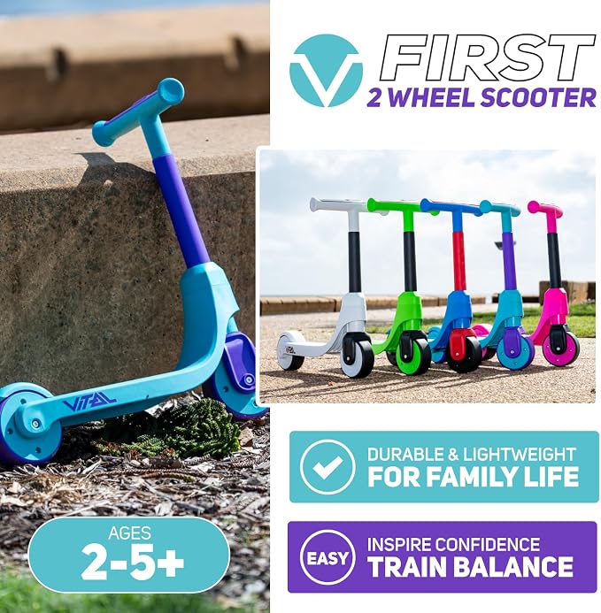 Vital First 2 Wheel Toddler Scooter | Beginner Balance Training Kids Toys for Ages 2-5 | Durable Lightweight Design & Fixed Height Kids Scooter | Wide Wheels and Foot Brake