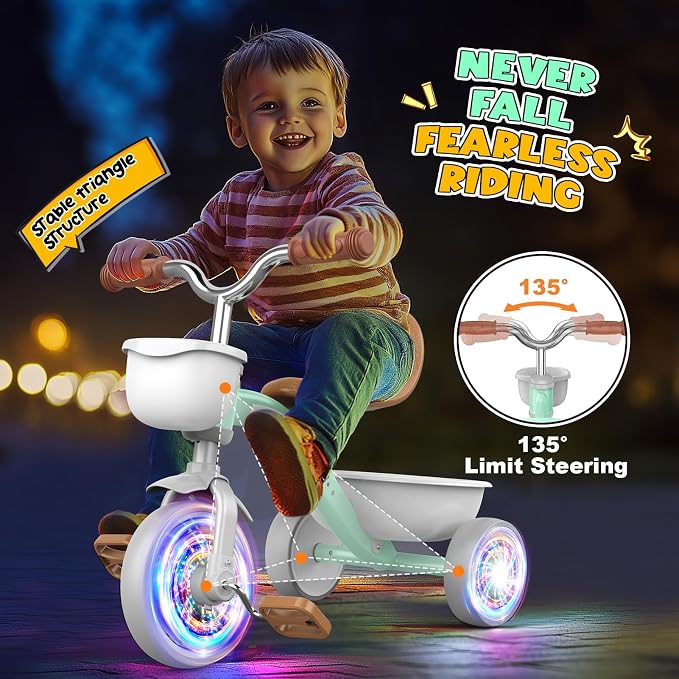 Kkdi Toddler Tricycle for 1-3 3-5 Year Olds, 2 3 4 5 Year Old Girl Boy Birthday Gifts, Toddler Baby Bike, 4-Level Adjustable Seat, 3 Color Light Wheels, 2 Baskets, Outdoor Riding Toys for Ages 2-4