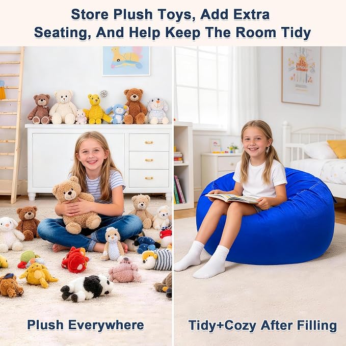 Lukeight Stuffed Animals Storage Bean Bag Chair Cover for Kids, Cozy Velvet Plush Toy Organizer Seat, Cover Only, No Filling Included, Long YKK Zipper, Side Pocket, X-Large 30 x 18 in