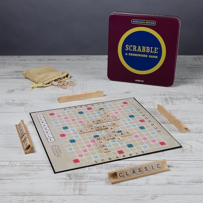 WS Game Company Scrabble Nostalgia Edition Board Game in Collectible Tin Vintage Style Word Board Games for Ages 8+