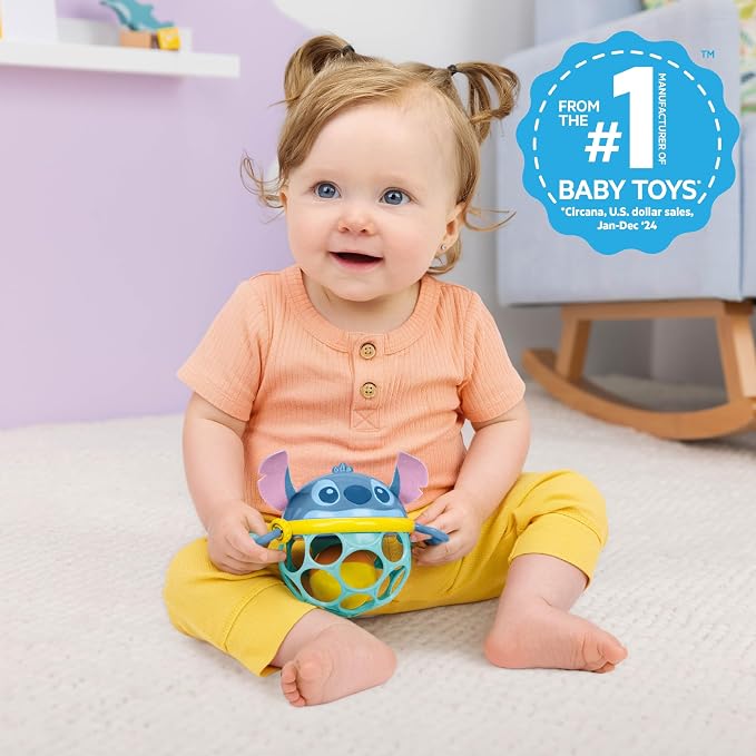 Disney Baby Stitch Oball Rattle by Bright Starts, Easy Grasp Baby Toy with Jingle Ball, Sensory Rattle for Newborn Infant 0-6 Months, Baby Toys 3-6 Months