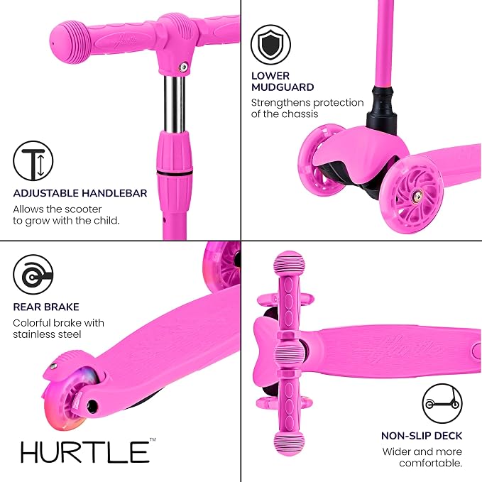 Hurtle Mini Kickboard Scooter for Kids - Height Adjustable 25''-28'', Lightweight 3-Wheel with LED Light-up Wheels, Anti-Slip,Indoor/Outdoor Fun, Micro Scooters for Ages 2-5 (Pink)
