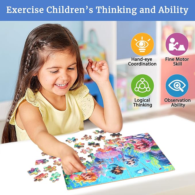 MZZOTOY Mermaid Princess Puzzles for Kids Ages 4-8, 100 Pieces Jigsaw Puzzles for Kids Ages 3-5 Puzzle for Girls and Boys Learning Educational Puzzles Toys in a Metal Box