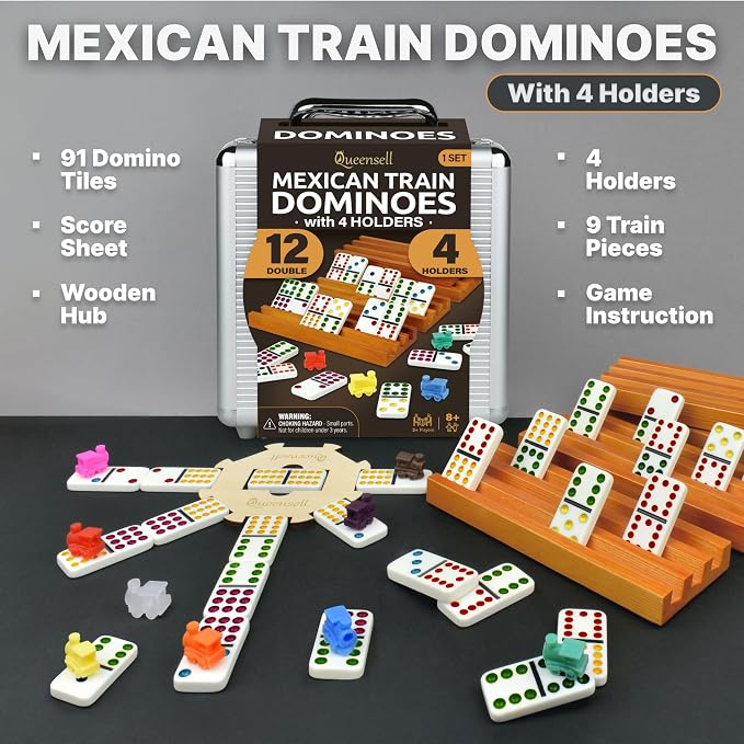 Mexican Train Dominoes Set with 4 Holders - Dominoes Double 12 with Wooden Hub and Tiles Holders - Double 12 Dominos Set for Family Game Night for Adults and Kids Ages 8 and up (D12 + 4 Holders)
