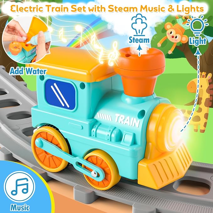 Zoo Animal Train Toys for Toddlers 2-4, Kids Electric Train Set with Music, Steam & Lights, Montessori Learning Toys with Finger Puppets, Christmas Birthday Gifts for Boys Girls Age 18 Months+