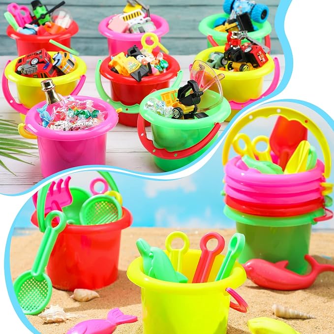 Jexine 96pcs Colorful Beach Party Favors for Kid 24 Set 3.94" Sand Buckets and Shovels for Bucket Party Favor Sand Box Play Set and Mini Beach Pail Includes Shovel, Rake, Scoop Summer Outdoor Toys