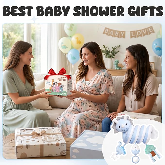 Stuffed Dinosaur Spiral Car Seat Toys Hanging for Babies 0-3 3-6 6-12 Months, Plush Infant Stroller Toy with Silicone Teether, Crinkle and Squeaker, Soft Cute Shower Gifts for Newborn Boys Girls