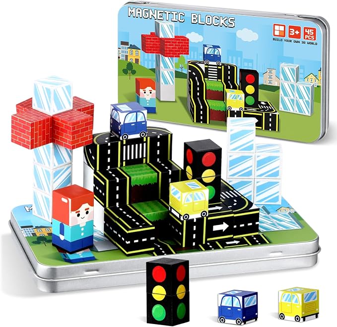 QOUBAI 45PCS Mini Magnetic Blocks Travel Toys, Magnet Building Cubes Tiles Set with Portable Iron Case, Learning Activities Gifts for Kids Toddlers Boys & Girls Ages 3-8 (Traffic Road)