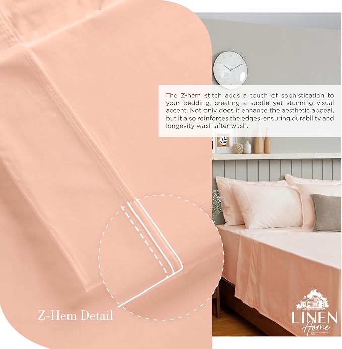 Linen Home 100% Cotton Percale Sheets Full Size, Tropical Peach, Deep Pocket, 4 Pieces Set- 1 Flat, 1 Fitted and 2 Pillowcases, Crisp Cool and Long Staple Strong Bed Linen