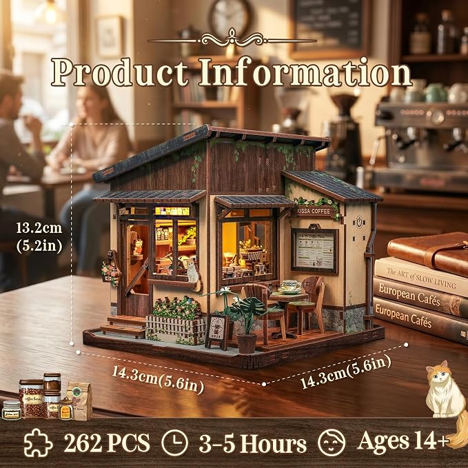 Cutebee DIY Miniature House Kit Japanese Coffee Shop Dollhouse for Adults | 3D Wooden Puzzle Model Building Kit with LED Lights, 262 Pcs Tiny House DIY Craft Home Desk Shelf Decor Gift Kissa Coffee