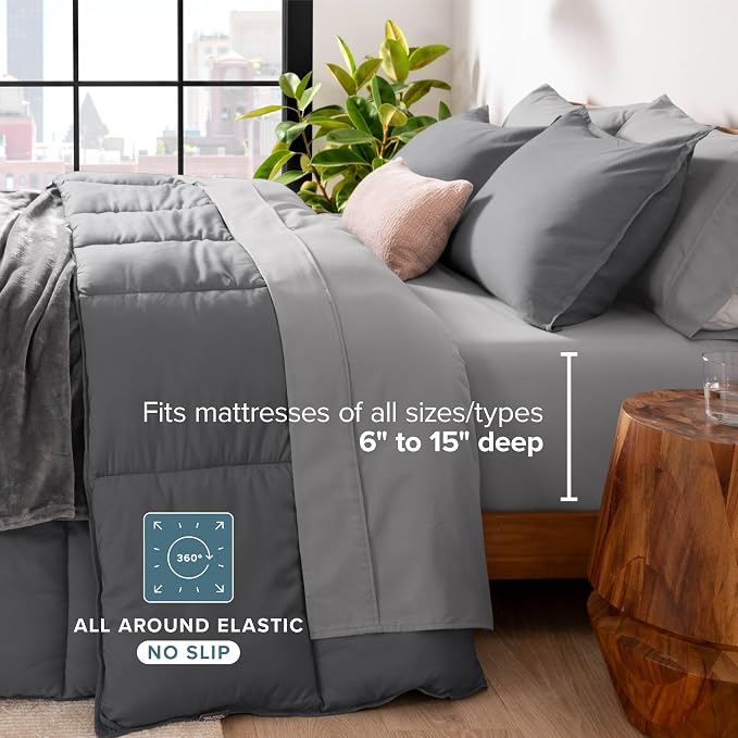 Bare Home Bed-in-A-Bag 7 Piece Comforter & Sheet Set - Full - Goose Down Alternative - Ultra-Soft 1800 Premium - Bedding Set (Full, Grey/Light Grey)