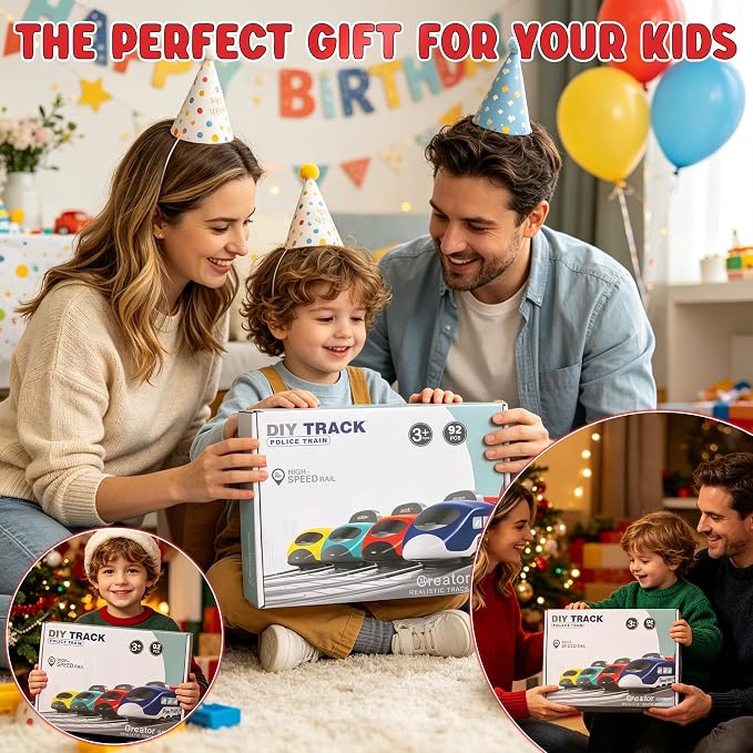 Wdmiya Train Set for Toddlers, 92 Pcs Train Toys for Kids Ages 2-8, Electric Trains Sets with Tracks (Magnetic Connection), Battery Operated Trains Birthday Gift for 2 3 4 5 6 7 (Fire 92 Pcs)