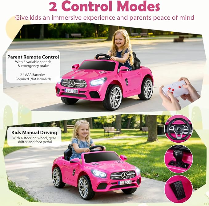 Costzon Ride On Car, 12V Licensed Mercedes Benz Electric Vehicles with Parent Remote Control, LED Headlights, Music & Wireless Connection, Kids Car for Boys Girls Aged 3-8 (SL500,Pink)
