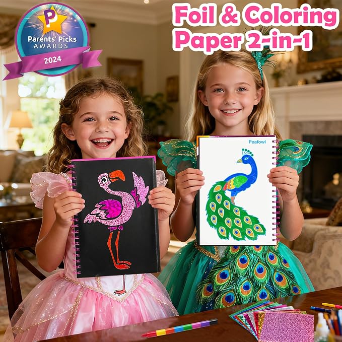 FUNNYB&G Foil Art Craft Kit for Girls 4-10 Years Old: Mess-Free & No-Glue, Create 16 Sparkly Birds Pictures – Perfect Travel Toy & Birthday Gift for Kids (Birds)