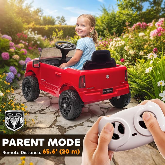 Qaba 12V Kids Ride on Car, Licensed Dodge RAM 3500 Electric Car for Kids with Dual Motors, Parent Remote Control, Rear Suspension, Power Display, Bluetooth Music and LED Lights, Red