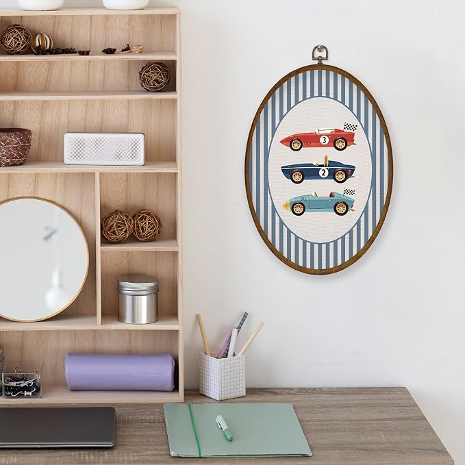 WULQYING Race Car Boy Nursery Wall Art Decor, Boys Room Oval Framed Canvas Art Prints, Vintage Race Car Blue Striped Wall Hanging Decor for Kids Nursery Room Bedroom Playroom, 8.6x11.4 Inches