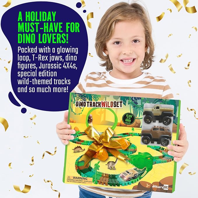 Dinosaur Jurassic Race Track Glow in The Dark Toy Playset - Includes Dino Figures, Epic Loop & Jaw Tunnel Set - Birthday for Kids, Boys & Girls 3-8 Years Old