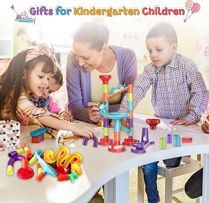 Marble Run Building Blocks STEM Toy Track Race Maze 30 Glass Marbles for Kids Boys Girls 3 4 5 6 7 8 9 10 11 12 Year Old Birthday Present Preshool Gift