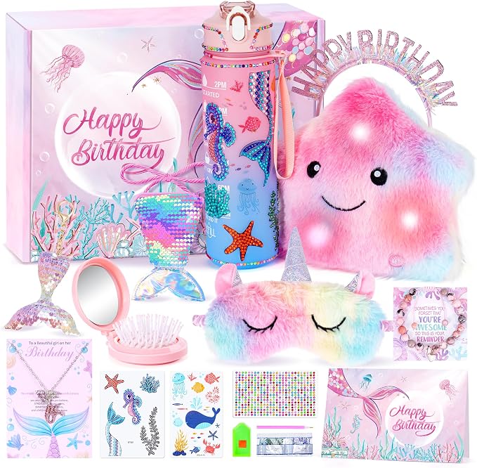 13PCS Mermaid Toys Gifts for Girls 4-6 7 8 9 10 Years Old, Girls Birthday Gifts Set with Light Up Star Pillow DIY Water Bottle Kits, for Daughter Niece Christmas Birthday Baskets for Kids