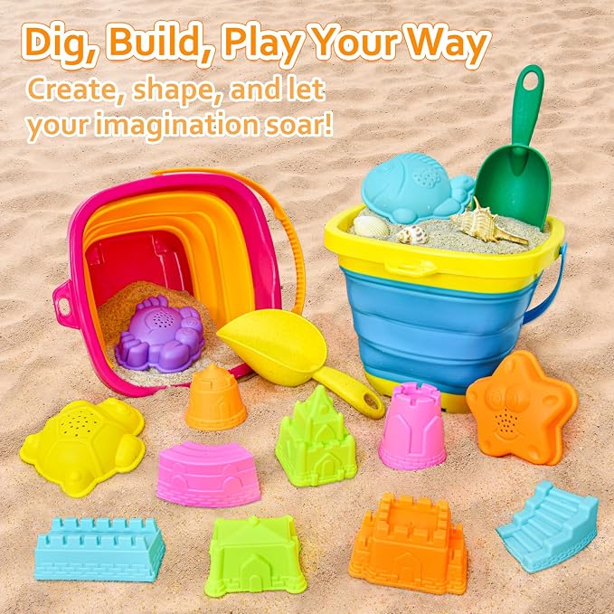 Collapsible Beach Sand Toys for Kids - Travel Beach Toys with 2 Collapsible Beach Buckets, Mesh Bags, Sand Castle Molds, Sand Bucket Shovel Set Sandbox Toy for Toddlers Kids