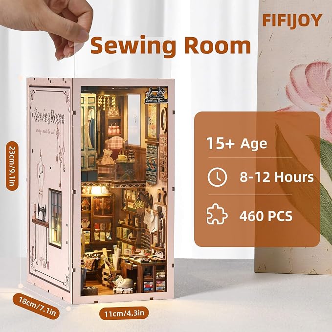 fifijoy Book Nook Kit - Sewing Room DIY Miniature House Dollhouse Kit for Adults and Teens, Booknook Tiny House Bookshelf Decor 3D Wooden Puzzle, Gifts for Family and Friends