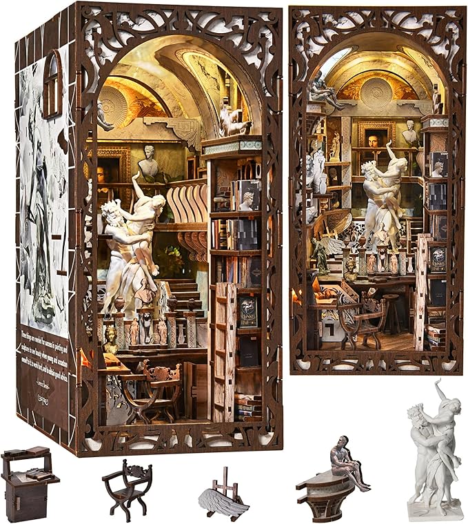 MiniCity DIY Book Nook Kit, Miniature Dollhouse Kit, Book Nook Kits for Adults Gift, Booknook Bookend Bookshelf & Home Decor with LED Light (Bernini's Workshop)