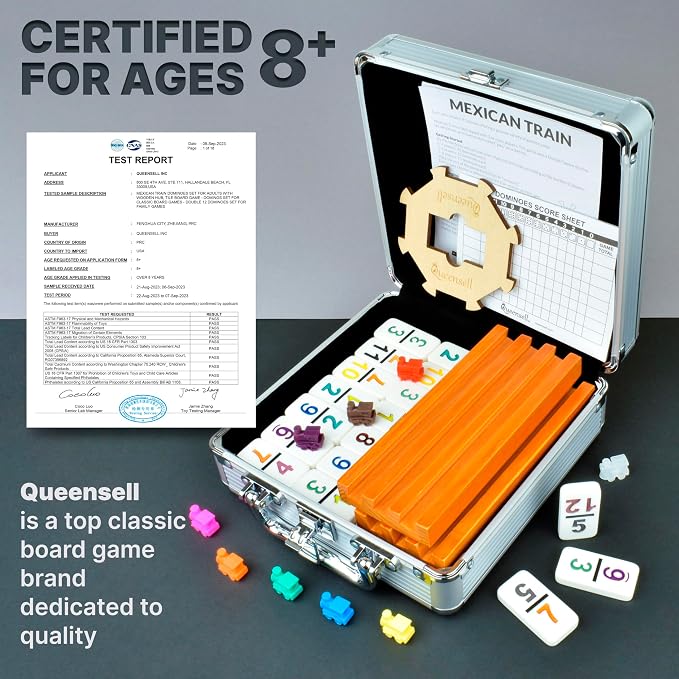Queensell Mexican Train Dominoes Set with Numbers and 4 Holders - Wooden Hub and Domino Holders - Double 12 with Numbers (D12 Numbers + 4 Holders)