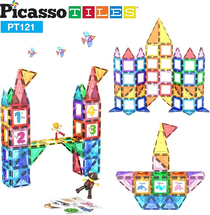 PicassoTiles 121 pc Master Builder Magnetic Building Block Construction Set Magnet Tiles Blocks with Car Truck, 2 Character Action Figures, 28 Educational Alphabet Animal and Number Graphics