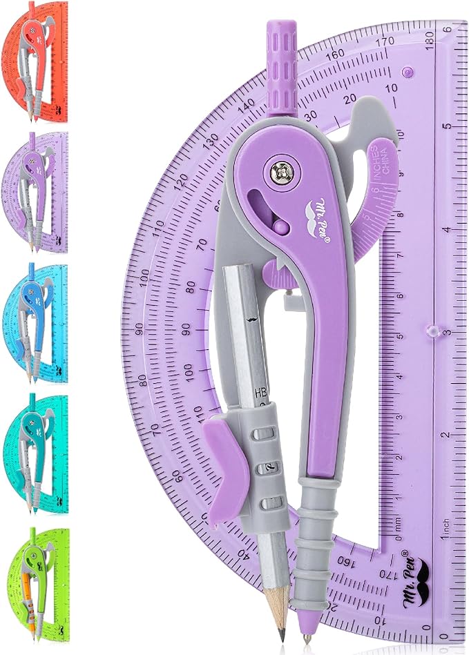 Mr. Pen- Geometry Compass and Protractor Set, 6 Inch Compass | 6 Inch Protractor, Drawing Tool for School, Clear Plastic, Easy Grip, Precision Design for Math, Art, Drafting, Architecture