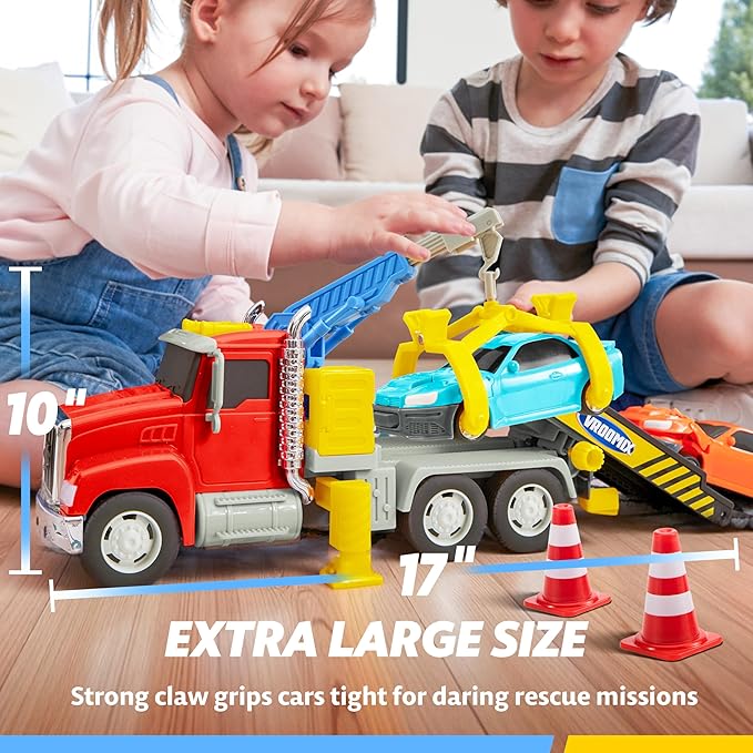 JOVA Vroomix Kids Tow Truck Toys for 3 4 5 6 7 Years Old Boys, Toddler Car Toys, Large Truck with 2 Transformation Cars and Trailer, Crane with Lights and Sounds, Birthday Gifts