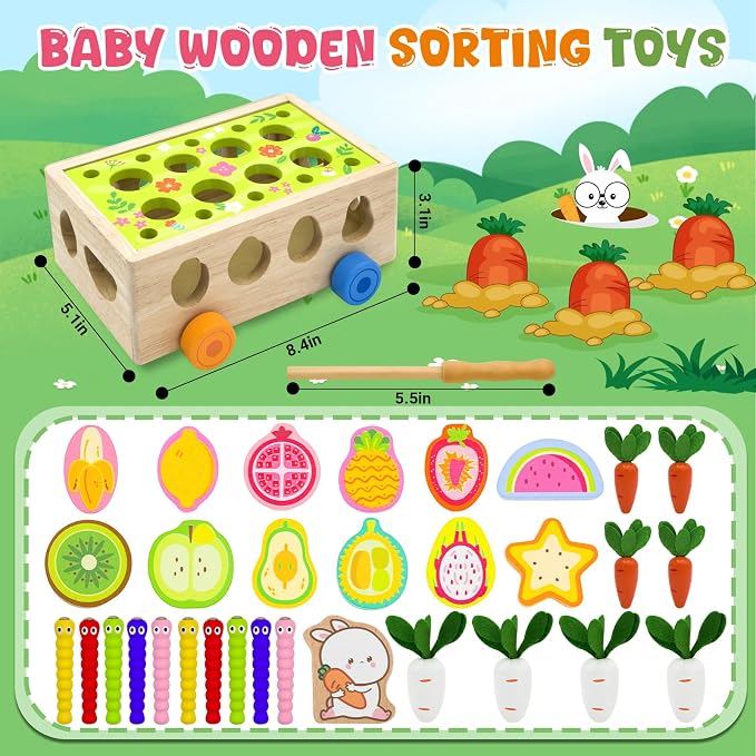 MEGRANATE Montessori Wooden Shape Sorter for Baby Carrot Shape Sorting Toy for Toddlers 3+ Montessori Shape Puzzles Fine Motor Toys Sensory Learning Educational Toys for Kids 1 2 3 4 5 6 Years Old