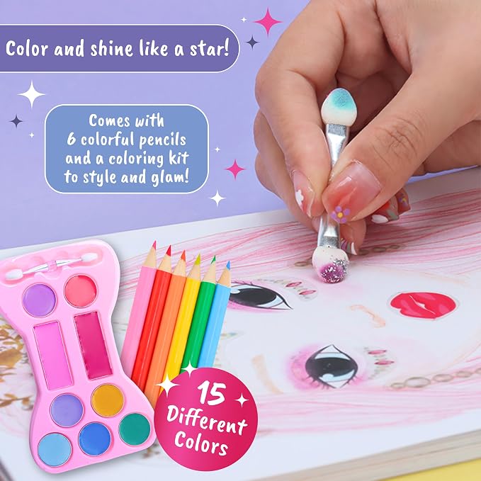 BSCOOL Make-up Artist. 3 in 1 Fun Makeup, Sticker, Coloring Kit, Includes Color Pencils, Makeup Palette, and 200+ Stickers. for Girls Ages 5,6,7,8. Make Up Style Coloring Book. Gift for Girls