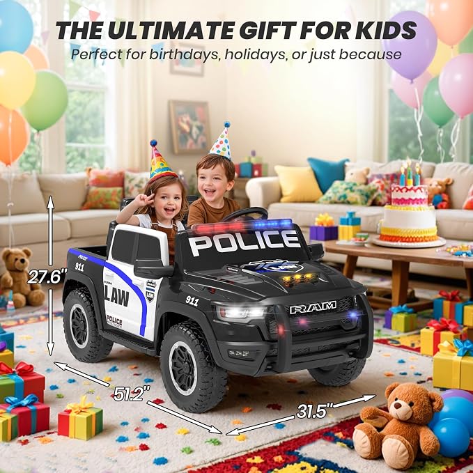 24V Ride On Police Car for Kids, Licensed RAM 1500 2 Seater Electric Police Truck with Remote Control, Siren, Megaphone, Flashing Lights, 180W Motor, Suspension, Bluetooth, Storage Bed, Black