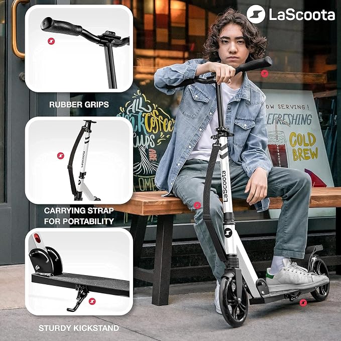 LaScoota Kick Scooter for Kids Ages 6+, Teens & Adults, Large 8" Sturdy Urethane Wheels. Adjustable Handlebar, Lightweight, Foldable, 220lbs Max Load