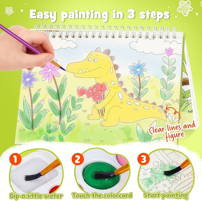 Watercolor Painting Coloring Books, Paint with Water Arts & Crafts Kit for Kids, Travel Activities Art Supplies Party Favors Exchange Birthday Gifts for Boys Girls, Spiral-Bound(Animals)
