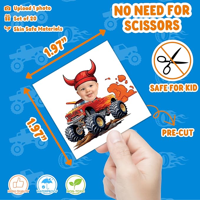 Custom Monster Truck Temporary Tattoos for Kids - Personalized Pre-Cut Face Photo Tattoos - Fun Birthday Party Favors for Boys, Monster Truck Fans - Set of 20 Unique Celebration Gifts