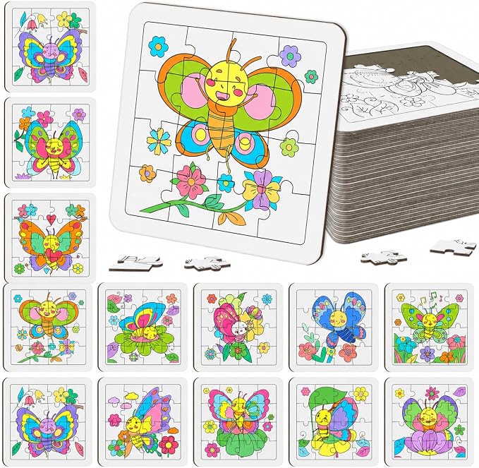 Cinrobiye 24 Pcs Butterfly Coloring Puzzle Craft Kit for Kids, DIY Butterfly Jigsaw Puzzles Bulk with 12 Designs, Spring Arts and Crafts Activities for Classroom Birthday Party Favors School Rewards