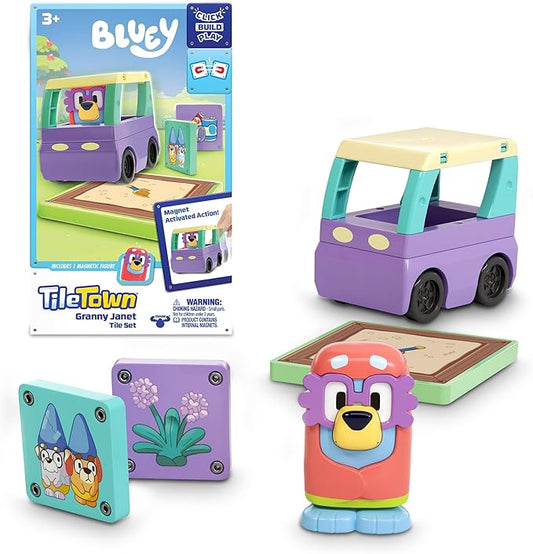 Tile Town Bluey Granny Janet 6-Piece Magnetic Tile Playset, Interactive STEM Magnetic Tiles Toys, Includes Bluey & Bingo Figures, Action Tiles
