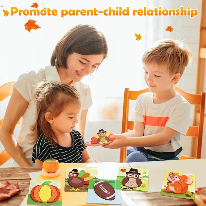 6 Pack Thanksgiving Wooden Puzzle for Toddlers, Thanksgiving Toys Jigsaw Puzzles for Thanksgiving Activities Party Favors Games Kids Boys Girls Thanksgiving Gifts Supplies