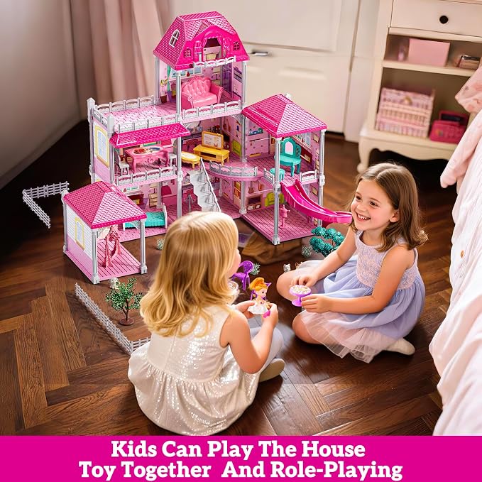 JUKUDAHU Villa Playset for Girls Ages 3-7, 3-Story 8 Room House with 2 Dolls, Furniture and Accessories, Indoor Playset Girls Toys for Ages 6-8, Pretend Toddler Toy, Birthday Gifts for Kids 4-8