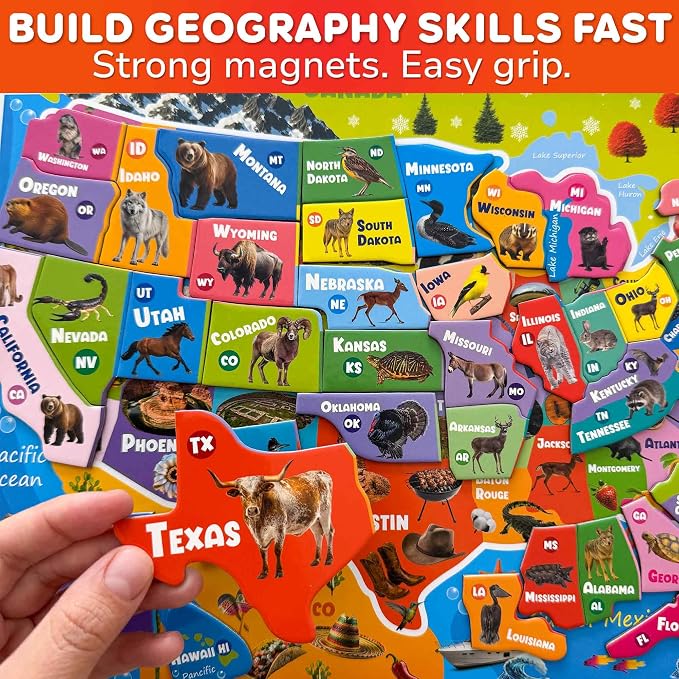 QUOKKA Magnetic Puzzles for Kids Ages 4-6 - Realistic USA Map Puzzles for Toddlers 3-5 - Montessori Educational Toys for 2-4 Years Old - United States Geography Learning Games for Kids 5-8