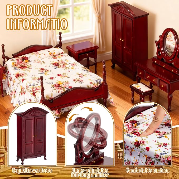 Skylety 7 Pcs Victorian Dollhouse Furniture Set 1: 12 Scale Wooden Mini House Bedroom Furniture and Accessories, Bed Dressing Table Wardrobe Carpet for Adults Toy Gift Miniature Doll House Accessories